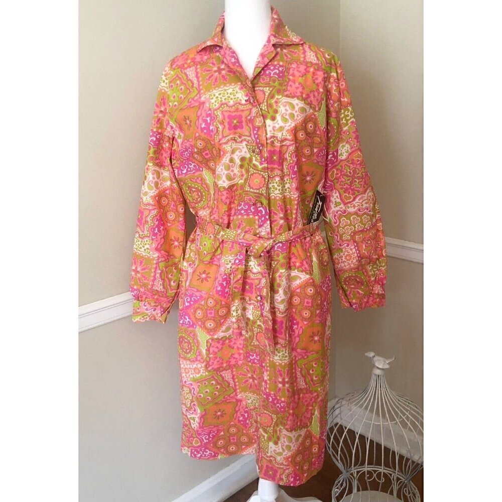 Vintage NOS Fantasie Size 16 Pink Green Floral Shift Dress Long Sleeve Retro 70s